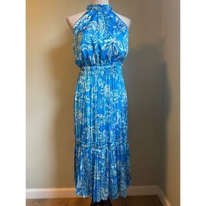 Nicole Miller boho Blue floral flowy Halter Maxi midi Dress XS resort wear Fairy